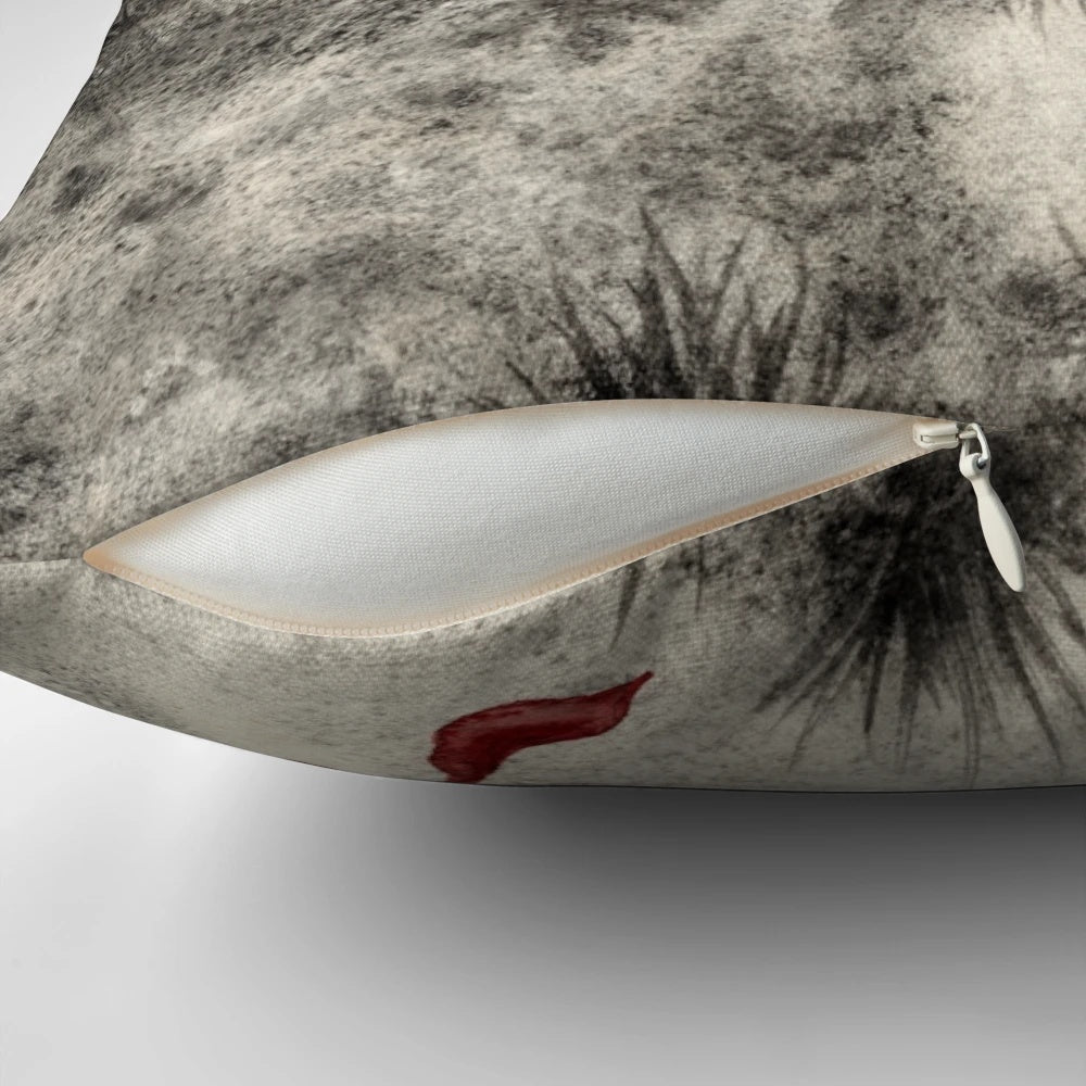 Whimsical fantasy pillow featuring a red-cloaked figure and forest animals in an enchanted autumn setting