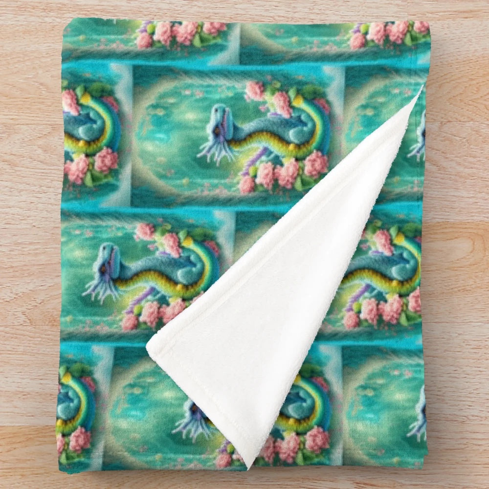 Vibrant and imaginative plush blanket featuring a captivating legendary creature