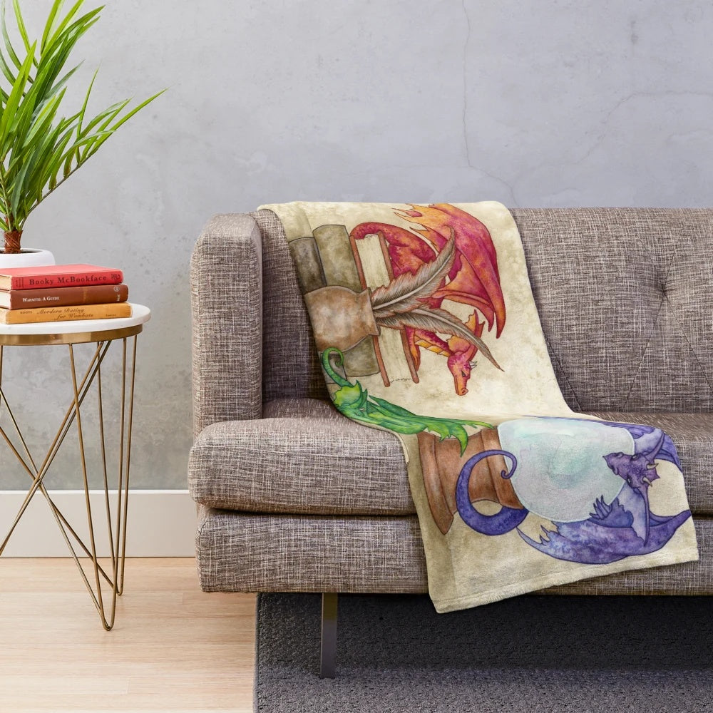 Cozy plush blanket featuring a dragon in a magical library scene
