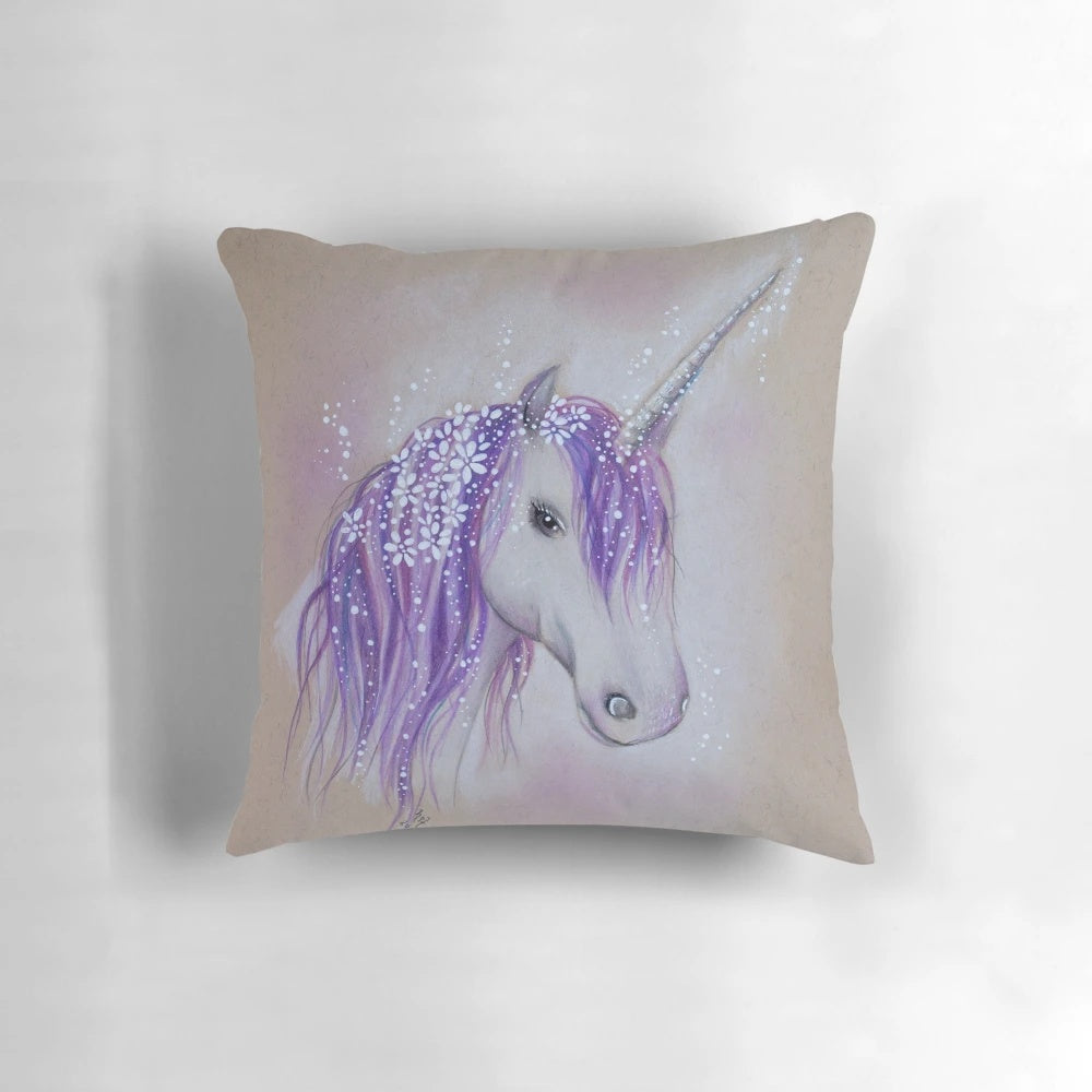 Lilac Dreaming Unicorn Pillow - A whimsical, fantasy art decor piece featuring a unicorn amid lilac blooms.