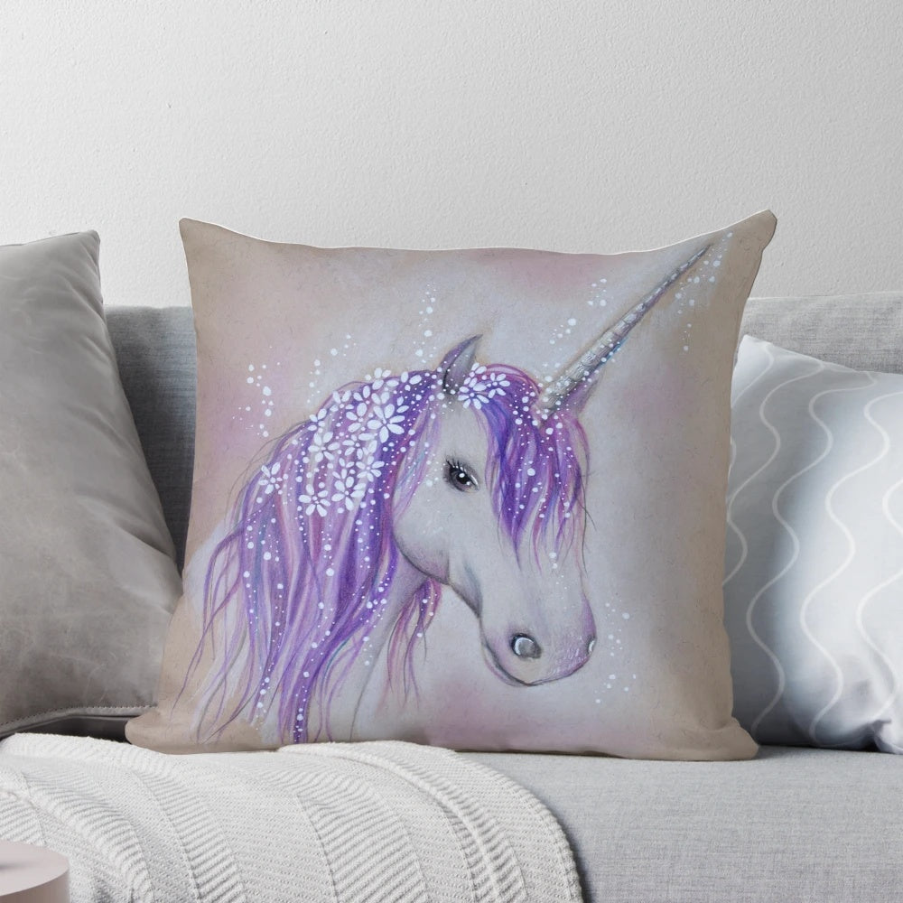 Lilac Dreaming Unicorn Pillow - A whimsical, fantasy art decor piece featuring a unicorn amid lilac blooms.