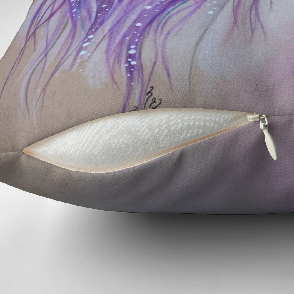 Lilac Dreaming Unicorn Pillow - A whimsical, fantasy art decor piece featuring a unicorn amid lilac blooms.