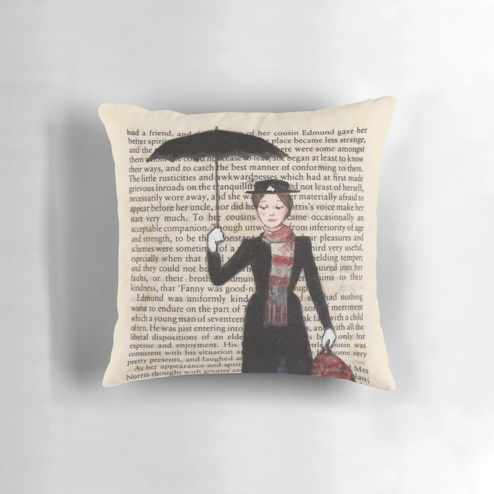 Vibrant Mary Poppins-themed throw pillow with illustrations from the beloved story