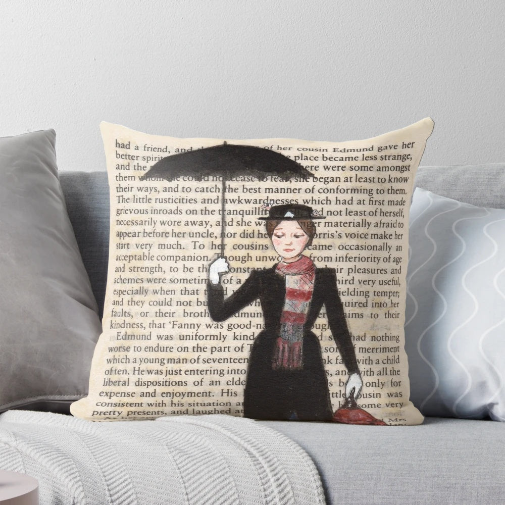Vibrant Mary Poppins-themed throw pillow with illustrations from the beloved story