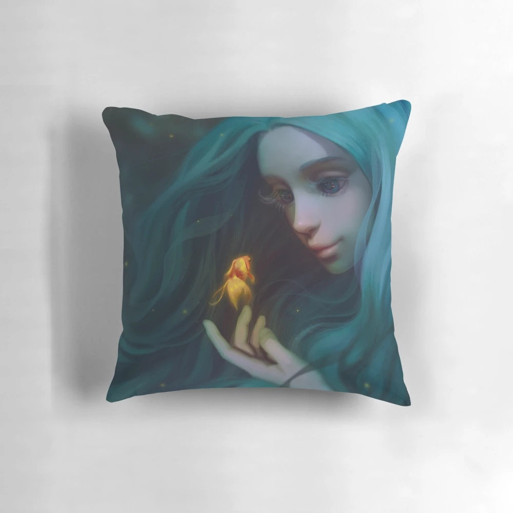 Vibrant illustration of a beautiful mermaid with long green hair, fantasy home decor