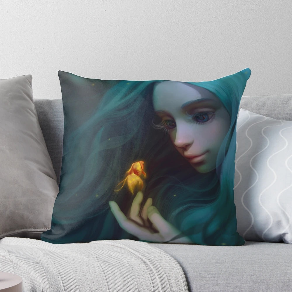 Vibrant illustration of a beautiful mermaid with long green hair, fantasy home decor