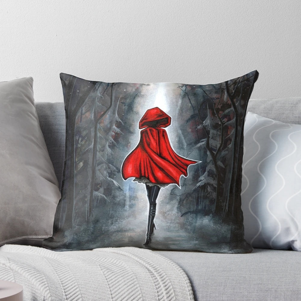 A watercolor illustration of Little Red Riding Hood in a dark, surreal style, perfect for gothic home decor.