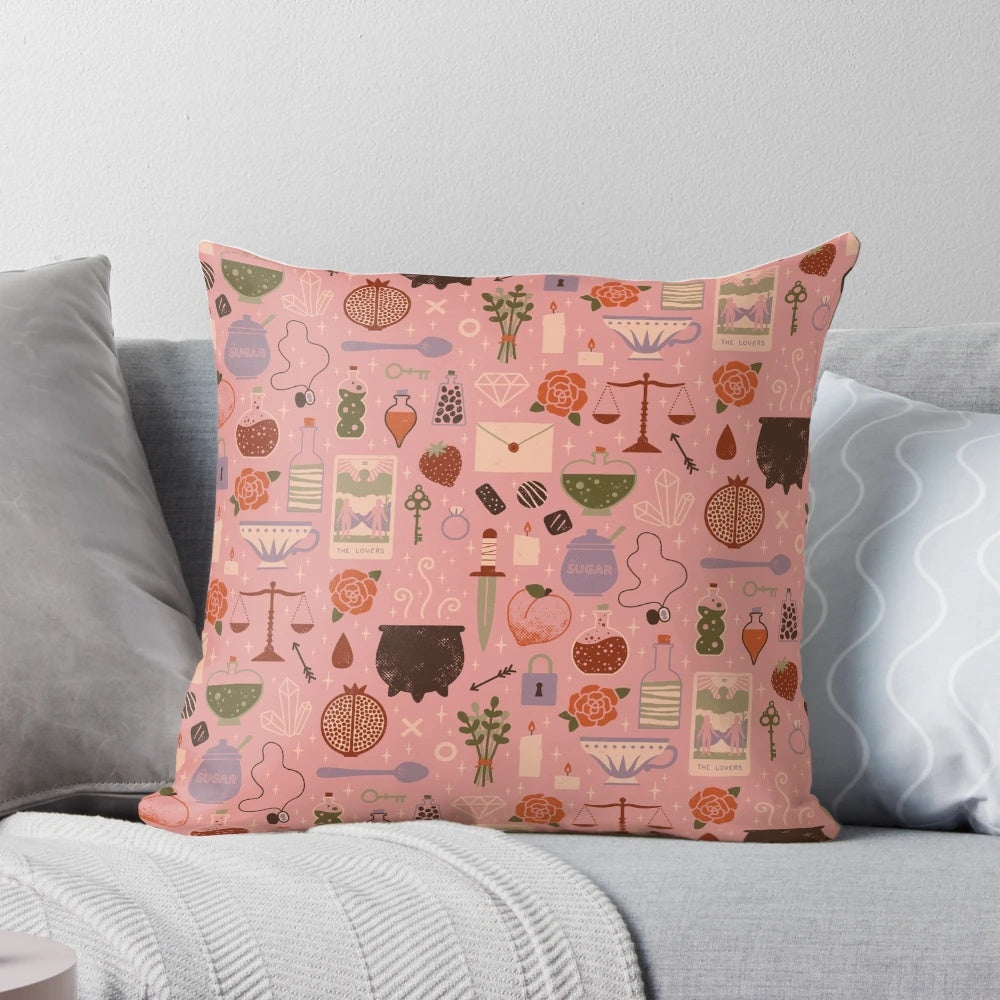 Soft and cozy love potion pillow in shades of pink and peach, perfect for romantic decor.
