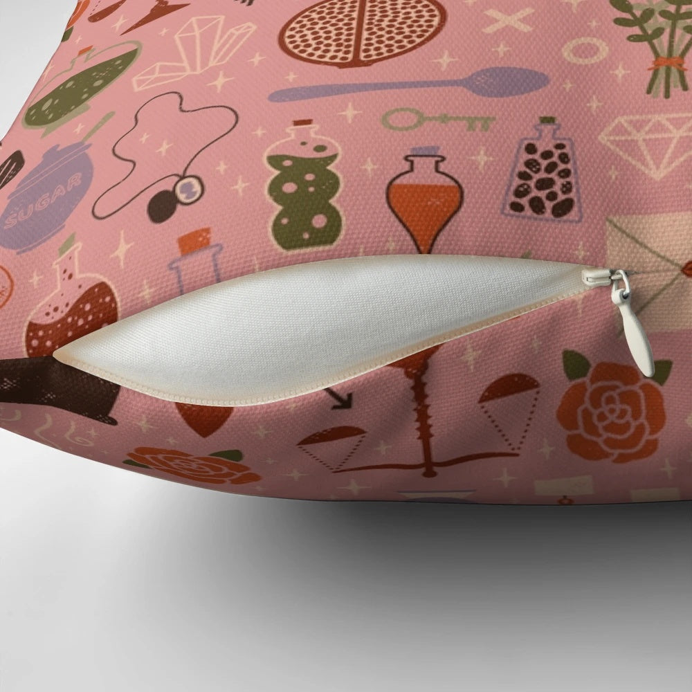 Soft and cozy love potion pillow in shades of pink and peach, perfect for romantic decor.
