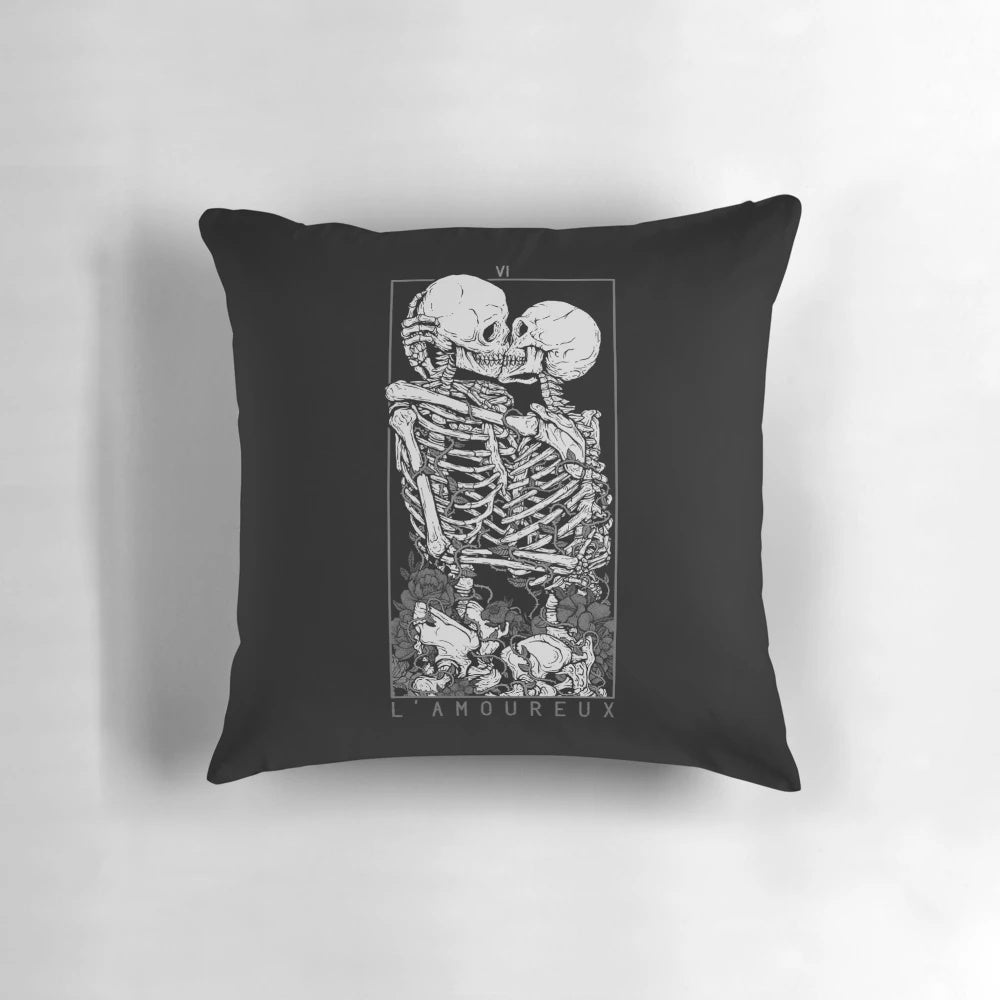 Elegant lovers' pillow with tarot, skull, and flower design for a dark, romantic aesthetic