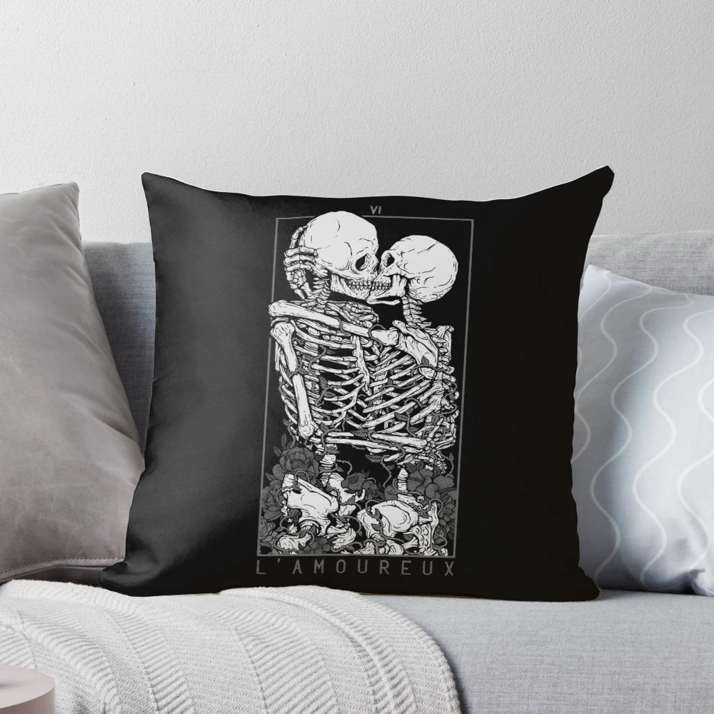 Elegant lovers' pillow with tarot, skull, and flower design for a dark, romantic aesthetic