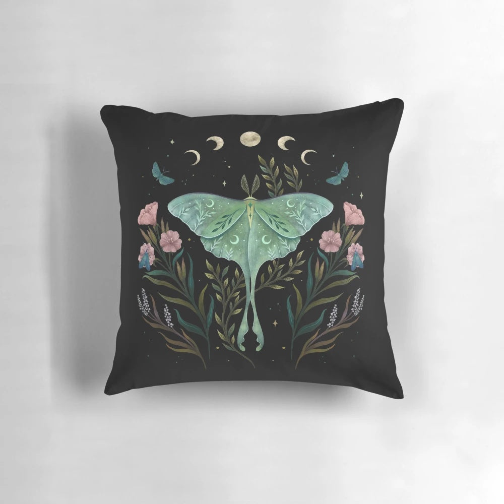 Soft and cozy pillow featuring a luna moth and moon phase design for a peaceful night's sleep.