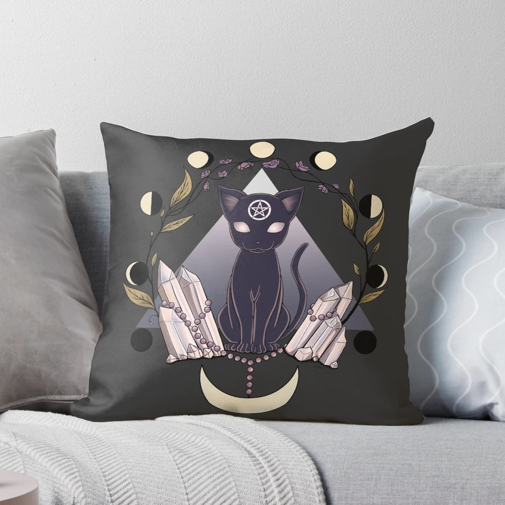 Decorative luna pillow featuring a black cat and moon design