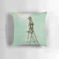 Waning Moon Pillow - A surreal, digital illustration featuring a ladder in the night sky with a crescent moon and stars.