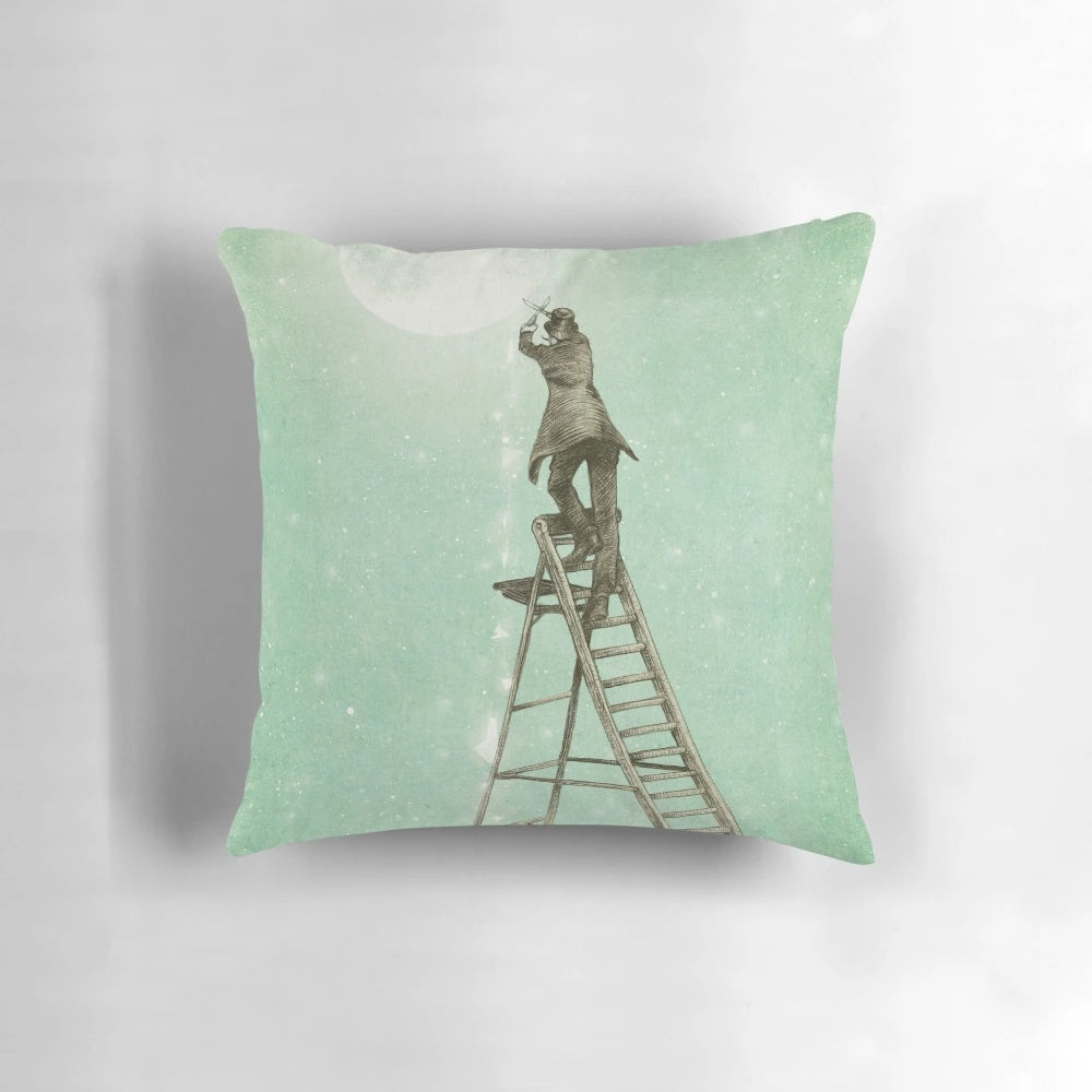 Waning Moon Pillow - A surreal, digital illustration featuring a ladder in the night sky with a crescent moon and stars.
