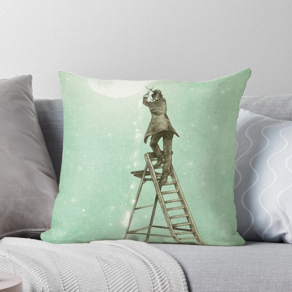 Waning Moon Pillow - A surreal, digital illustration featuring a ladder in the night sky with a crescent moon and stars.