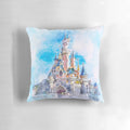 Whimsical watercolor illustration of a magical castle on a decorative throw pillow.