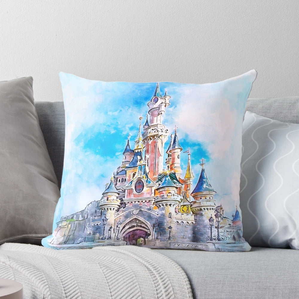 Whimsical watercolor illustration of a magical castle on a decorative throw pillow.