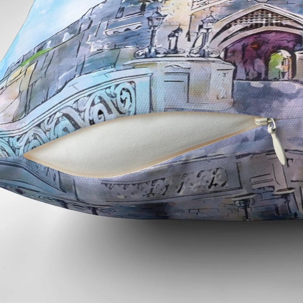 Whimsical watercolor illustration of a magical castle on a decorative throw pillow.