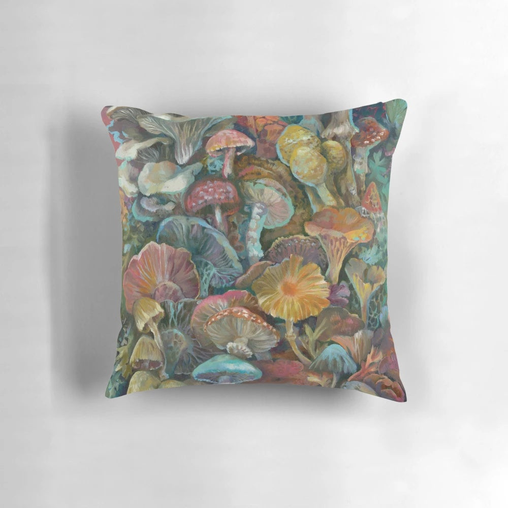 A vibrant, colorful pillow featuring a print of magical mushrooms in an enchanting forest setting.