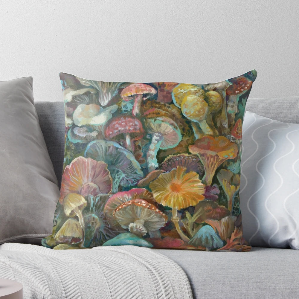 A vibrant, colorful pillow featuring a print of magical mushrooms in an enchanting forest setting.