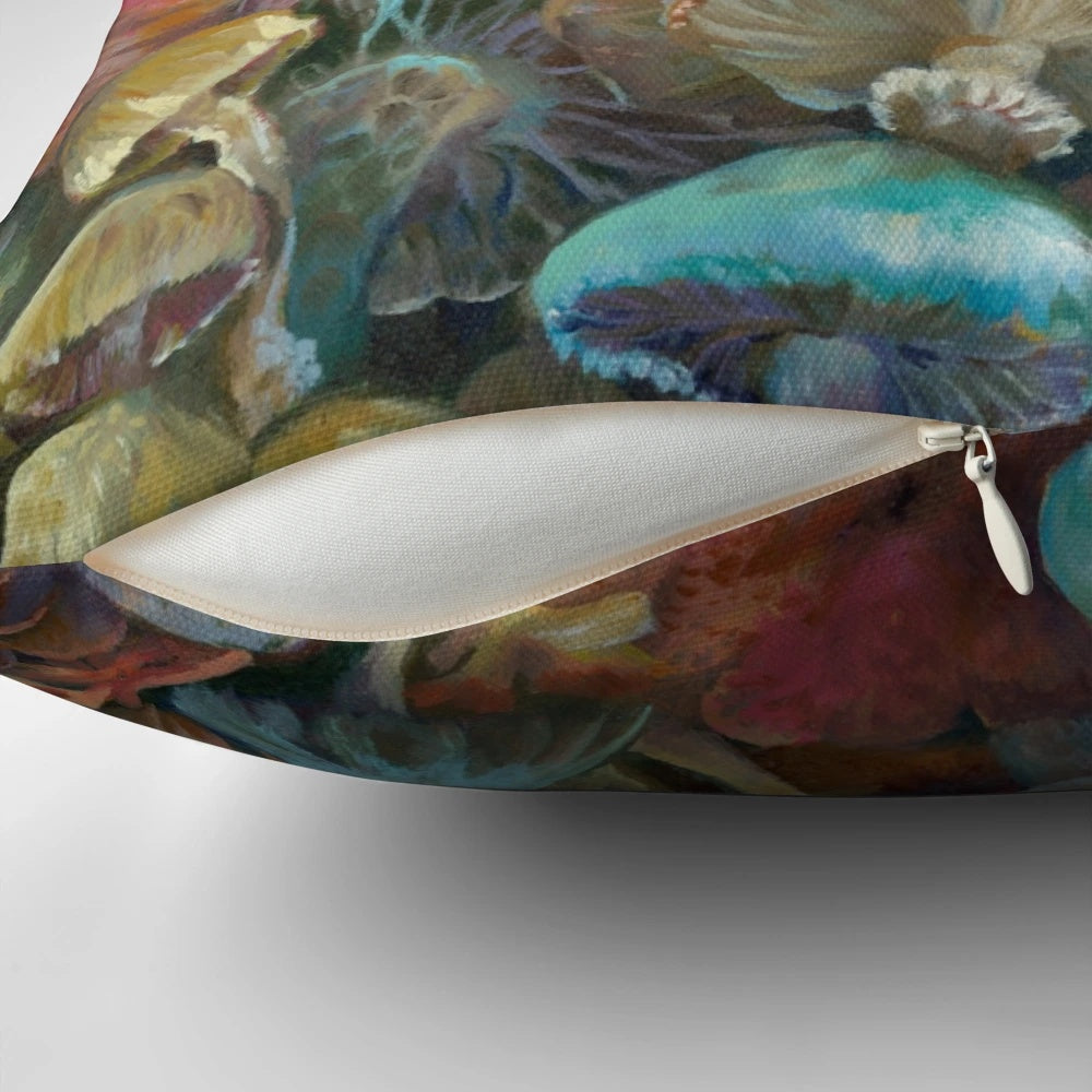 A vibrant, colorful pillow featuring a print of magical mushrooms in an enchanting forest setting.