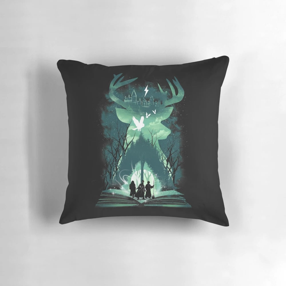 A cozy pillow featuring the "Magic Never Ends" design, perfect for book lovers and fans of fantasy and graphic novels.