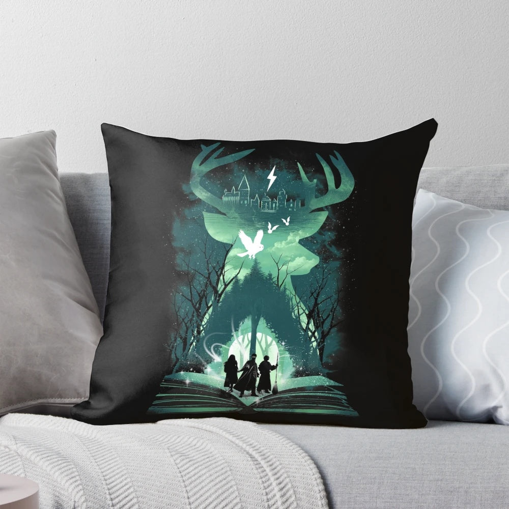 A cozy pillow featuring the "Magic Never Ends" design, perfect for book lovers and fans of fantasy and graphic novels.