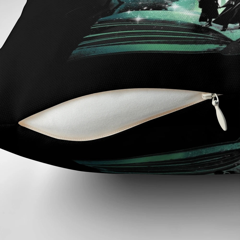 A cozy pillow featuring the "Magic Never Ends" design, perfect for book lovers and fans of fantasy and graphic novels.