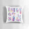 A colorful, floral-patterned decorative pillow with a magical, crystal-like design