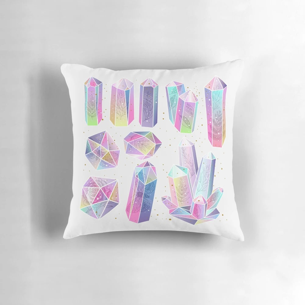 A colorful, floral-patterned decorative pillow with a magical, crystal-like design