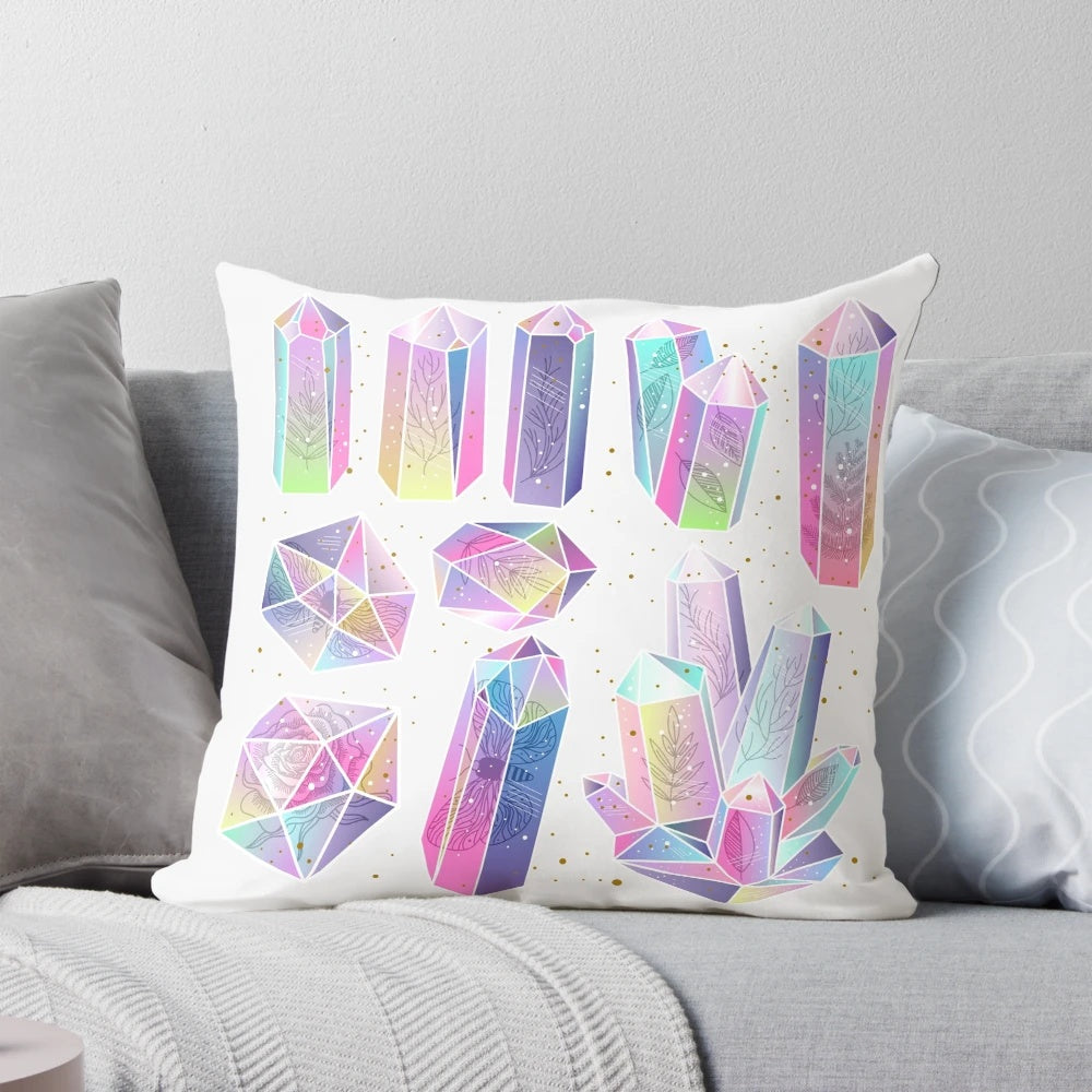 A colorful, floral-patterned decorative pillow with a magical, crystal-like design