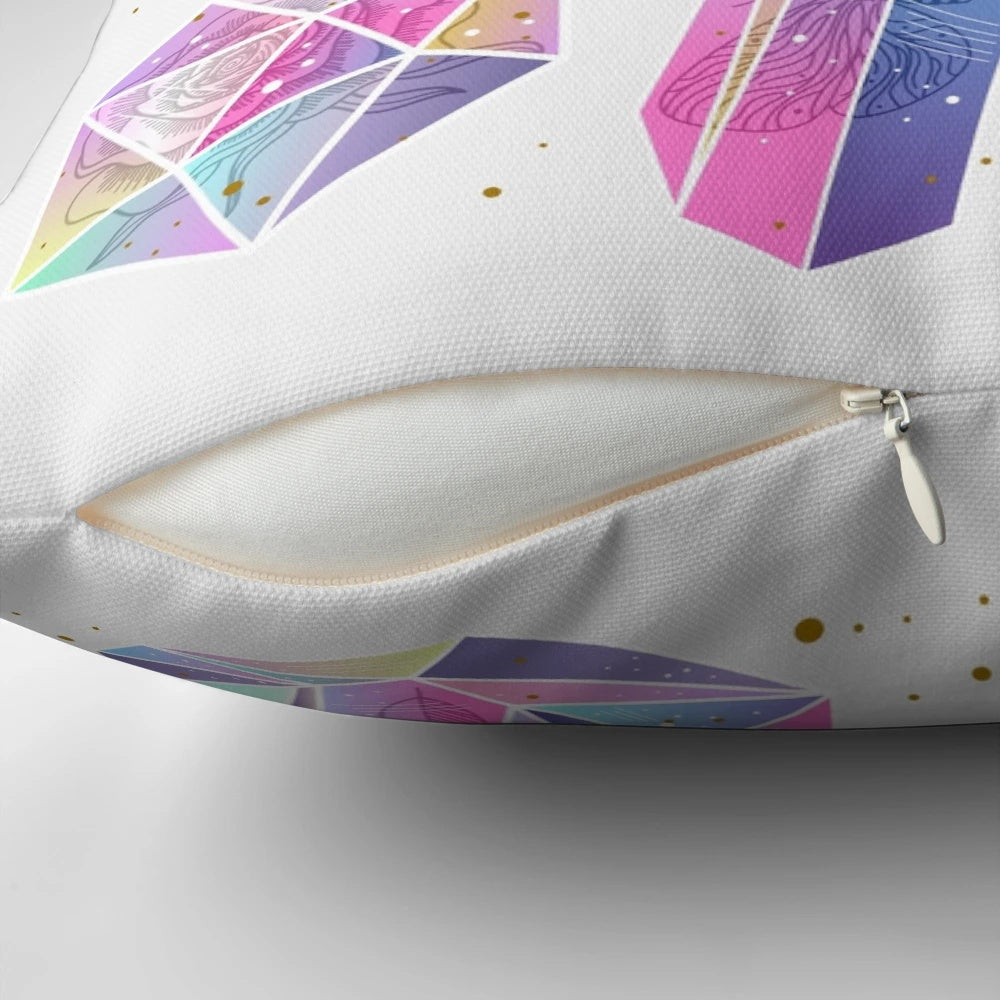 A colorful, floral-patterned decorative pillow with a magical, crystal-like design