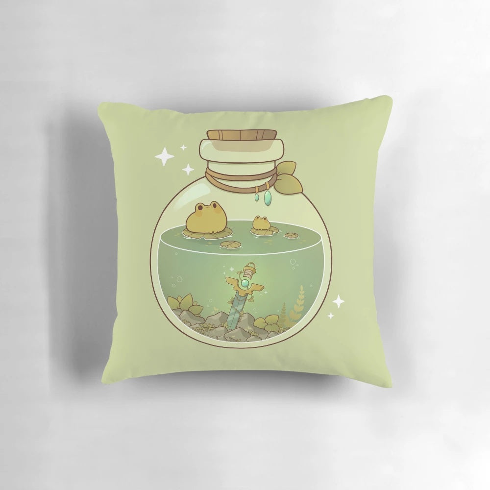 A cozy and whimsical pillow featuring a magical frog potion design, perfect for fantasy, pagan, and goblincore-inspired home decor.
