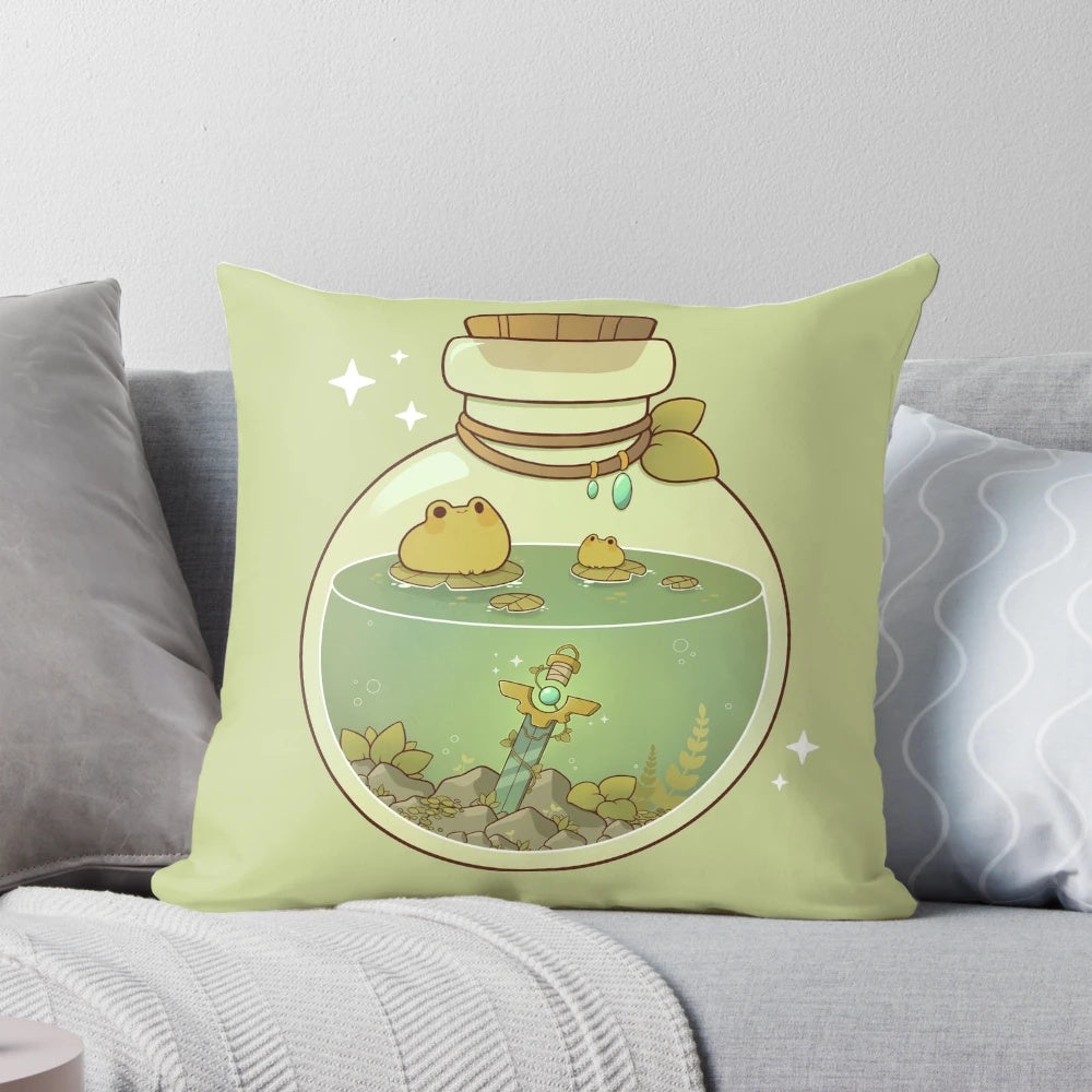 A cozy and whimsical pillow featuring a magical frog potion design, perfect for fantasy, pagan, and goblincore-inspired home decor.