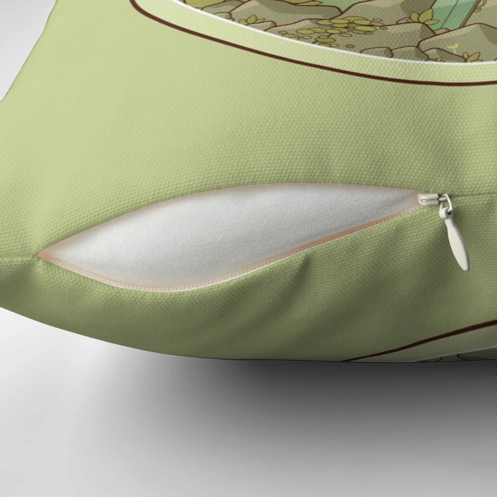 A cozy and whimsical pillow featuring a magical frog potion design, perfect for fantasy, pagan, and goblincore-inspired home decor.