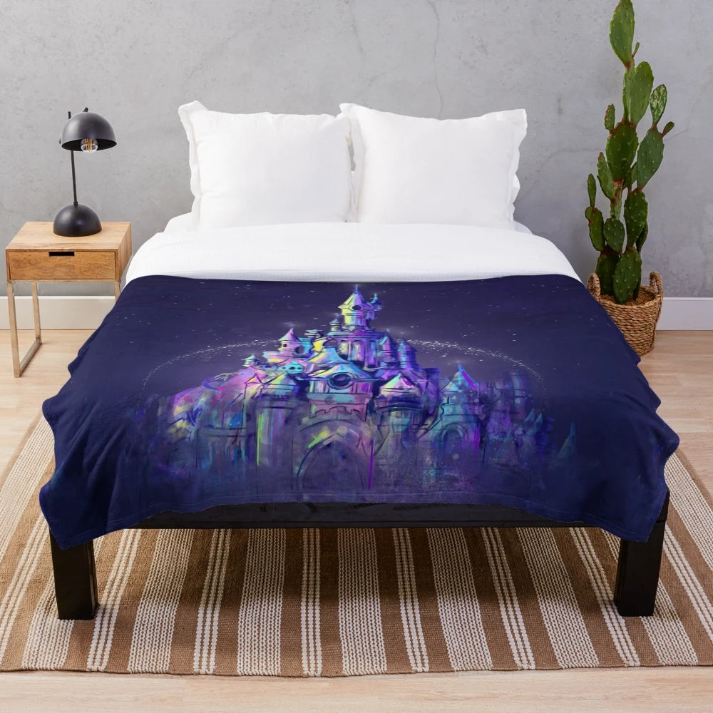 Watercolor-style illustration of a magical princess castle on a plush blanket