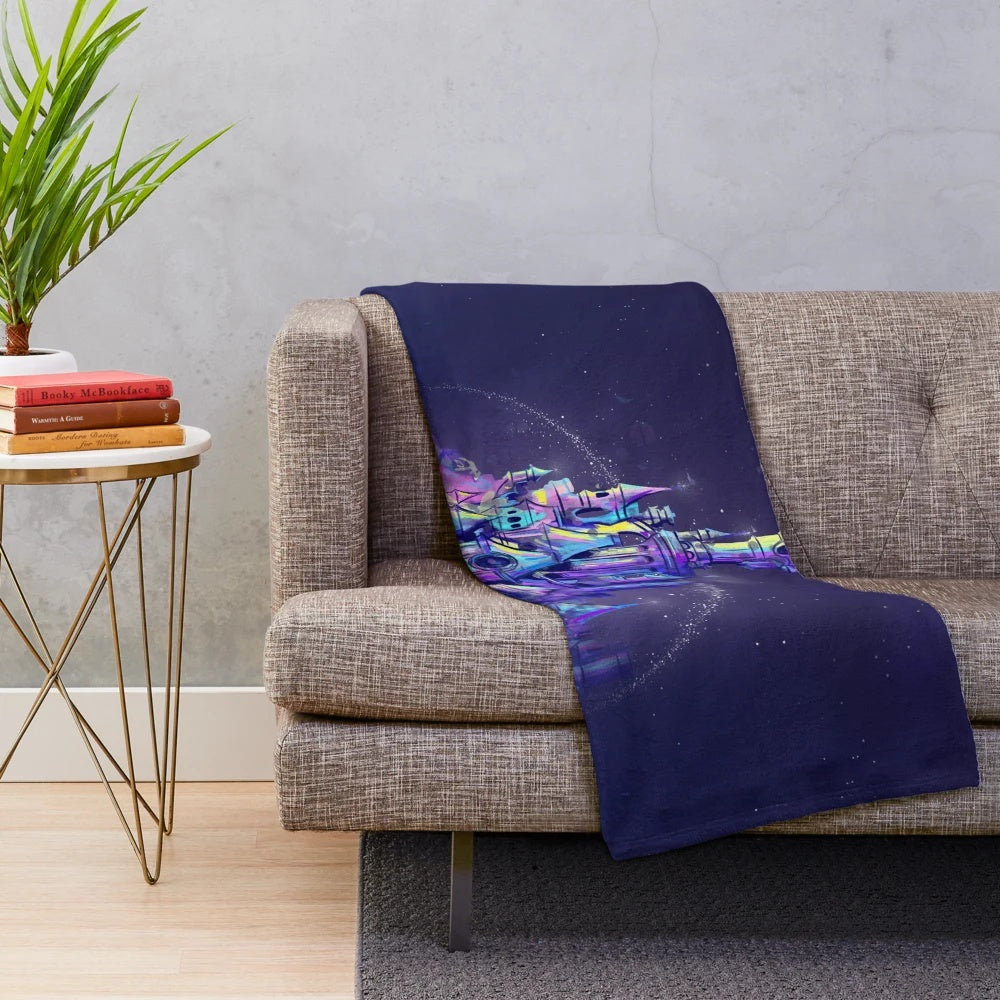 Watercolor-style illustration of a magical princess castle on a plush blanket