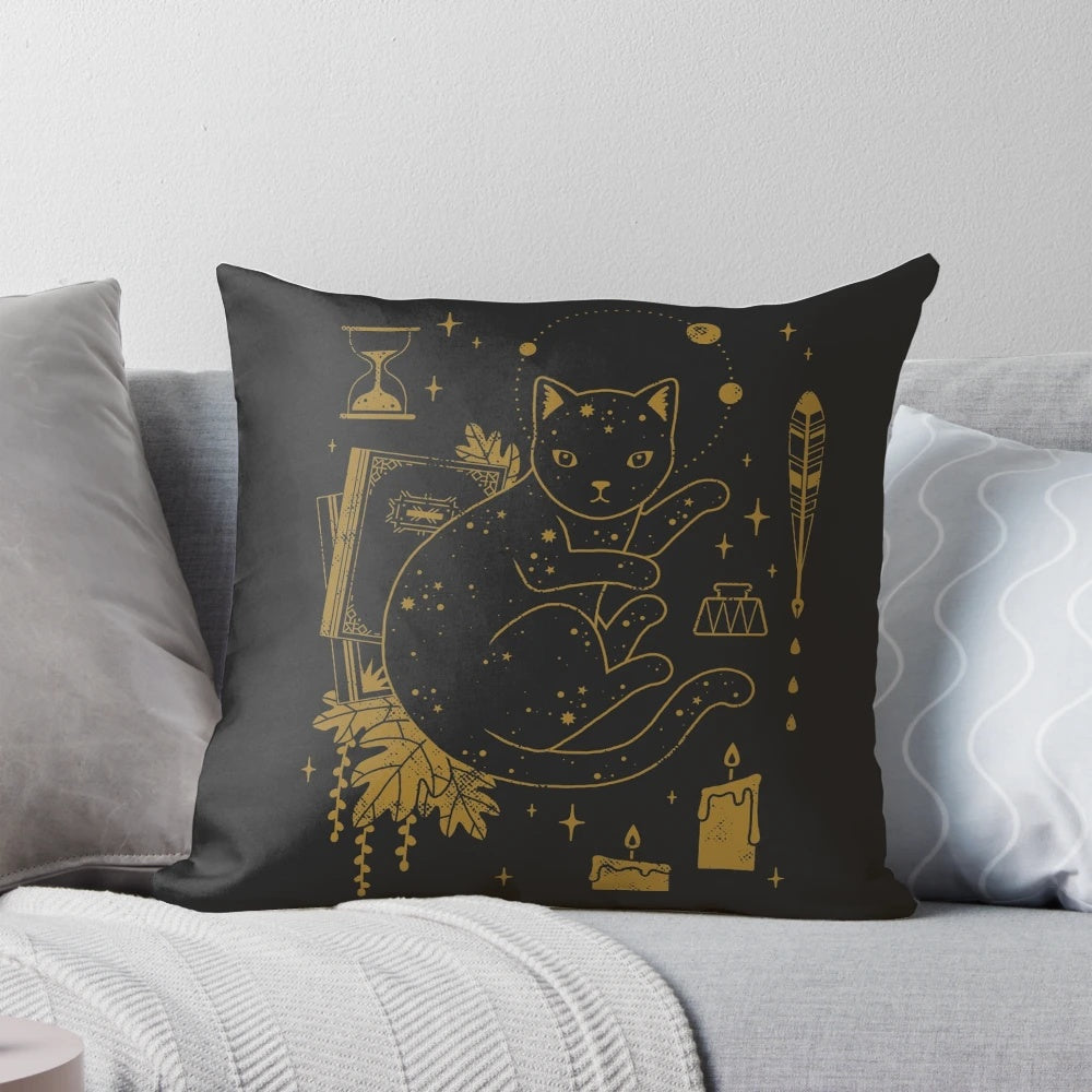 Cozy black cat-themed magical assistant pillow with celestial elements and witchcraft accessories