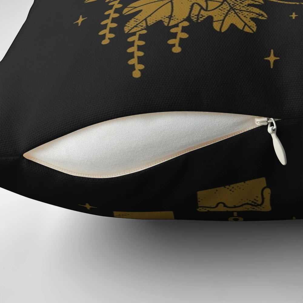 Cozy black cat-themed magical assistant pillow with celestial elements and witchcraft accessories