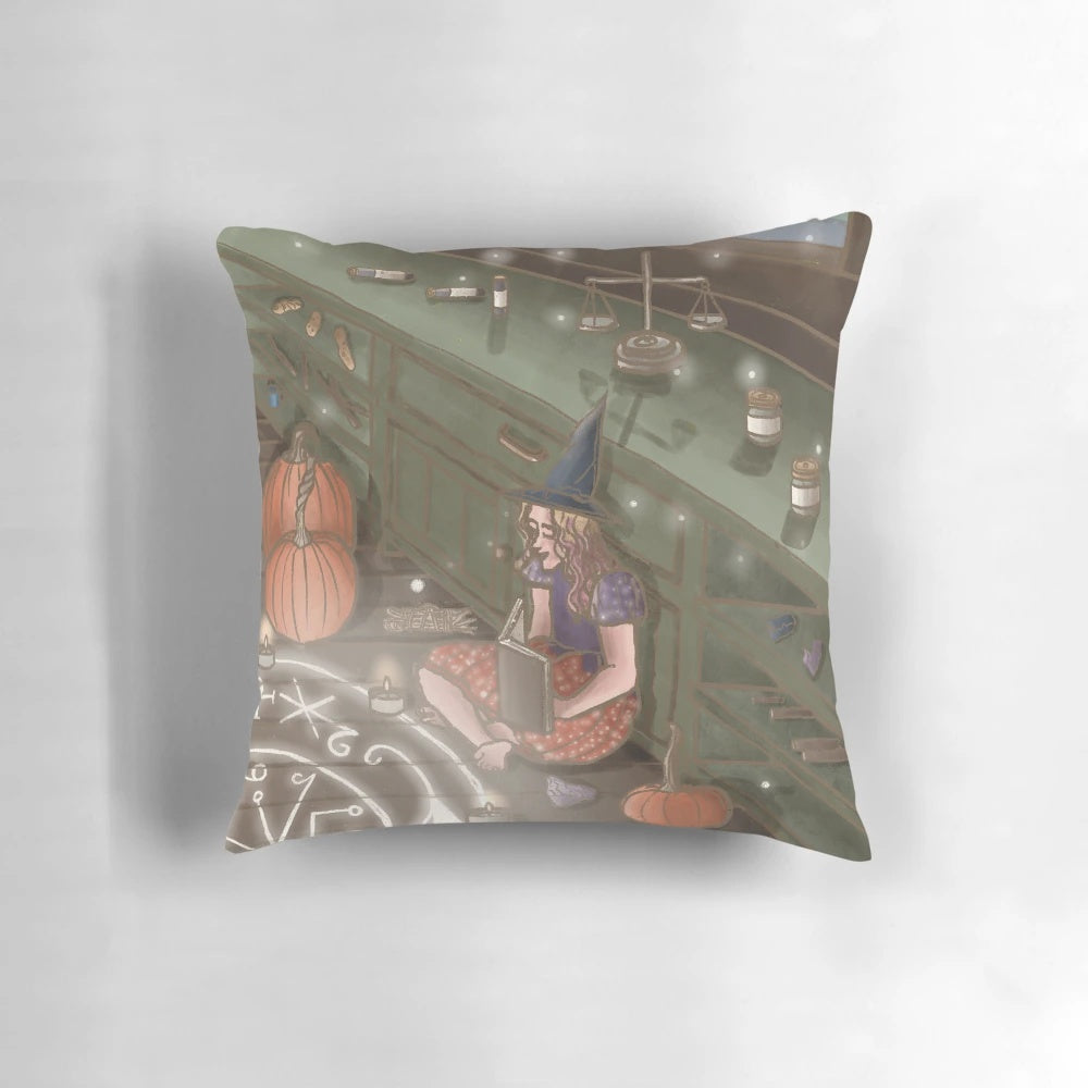 A cozy, magical cabin pillow with a spooky, Halloween vibe.