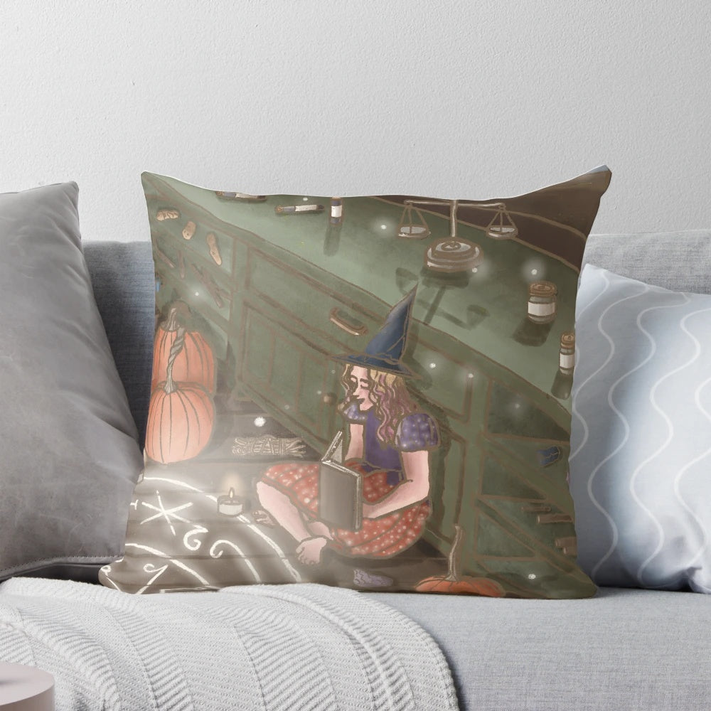 A cozy, magical cabin pillow with a spooky, Halloween vibe.