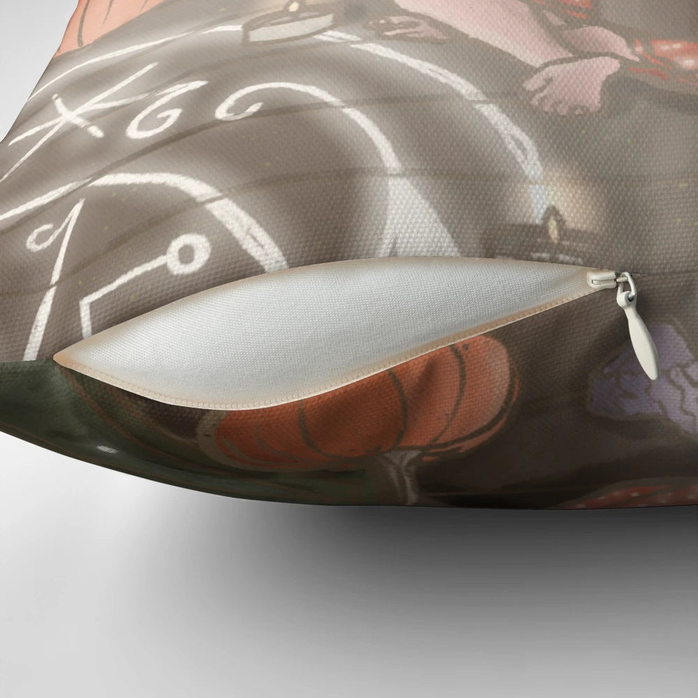 A cozy, magical cabin pillow with a spooky, Halloween vibe.