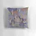 Vibrant blue pillow with a magical forest design, featuring trees, fairies, and other enchanting elements.