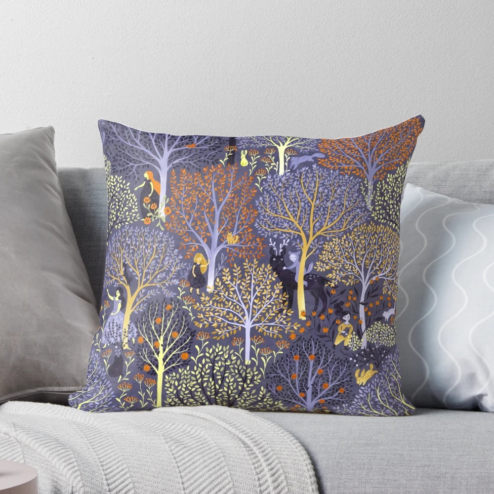 Vibrant blue pillow with a magical forest design, featuring trees, fairies, and other enchanting elements.