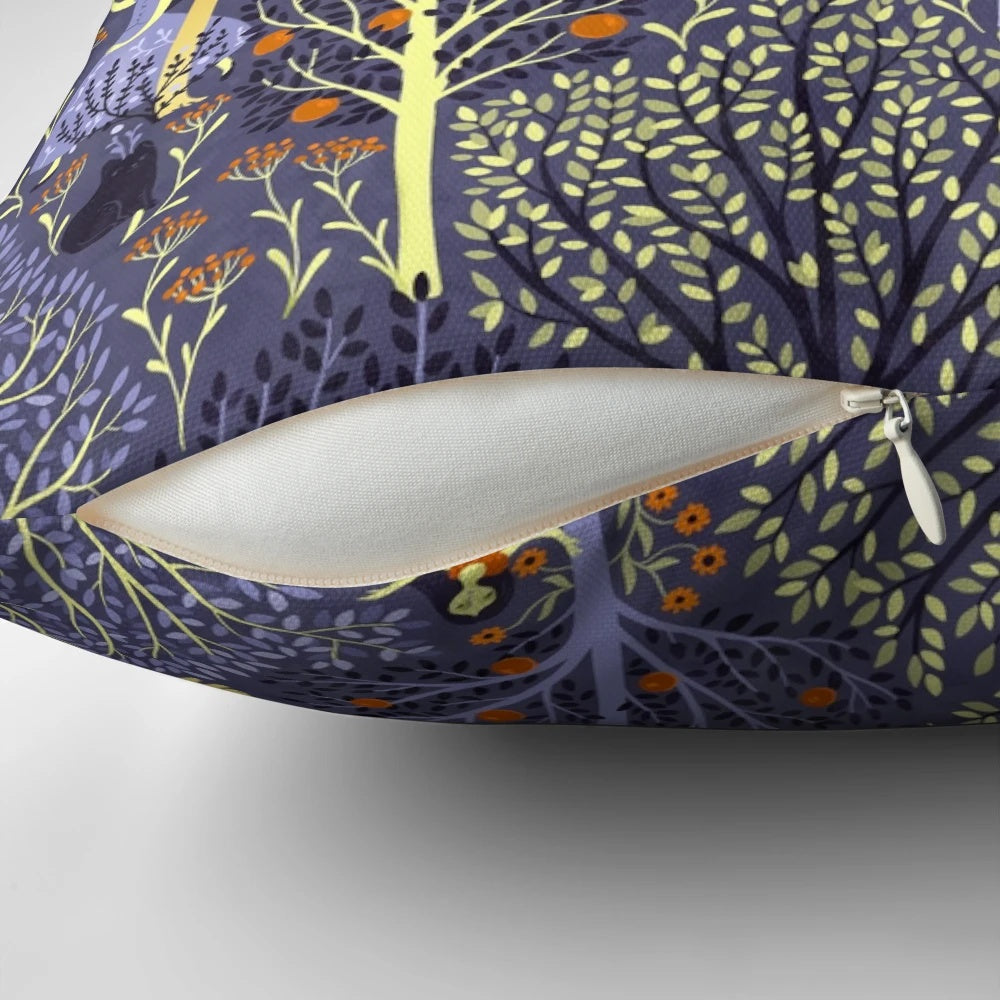 Vibrant blue pillow with a magical forest design, featuring trees, fairies, and other enchanting elements.