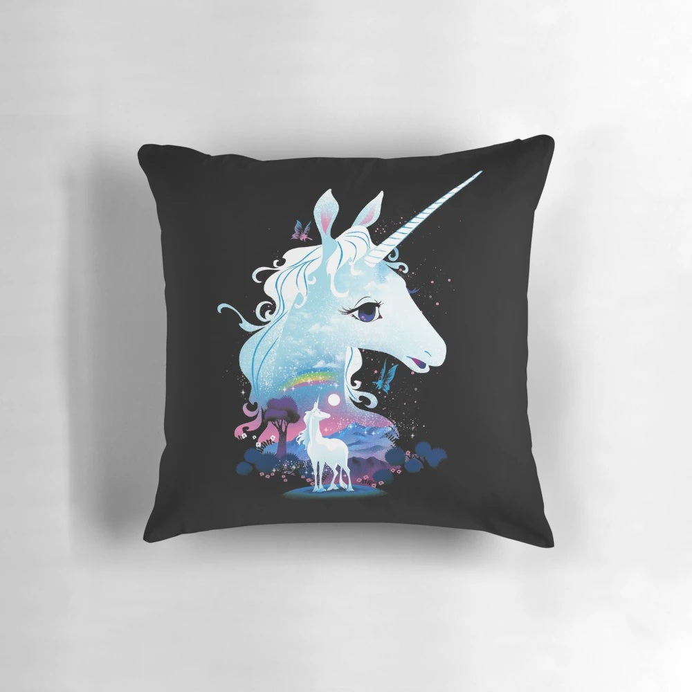 A beautifully designed pillow featuring a magical forest scene with a captivating unicorn, perfect for fantasy enthusiasts.