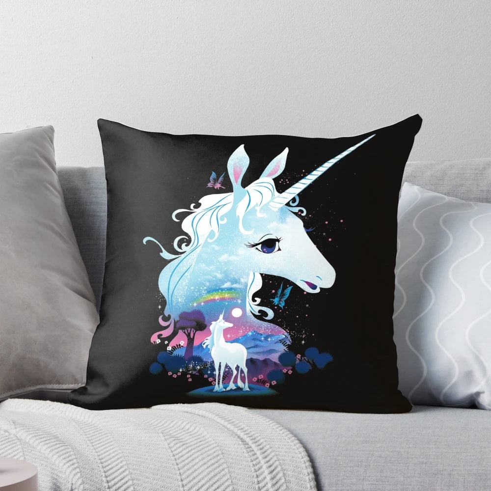 A beautifully designed pillow featuring a magical forest scene with a captivating unicorn, perfect for fantasy enthusiasts.
