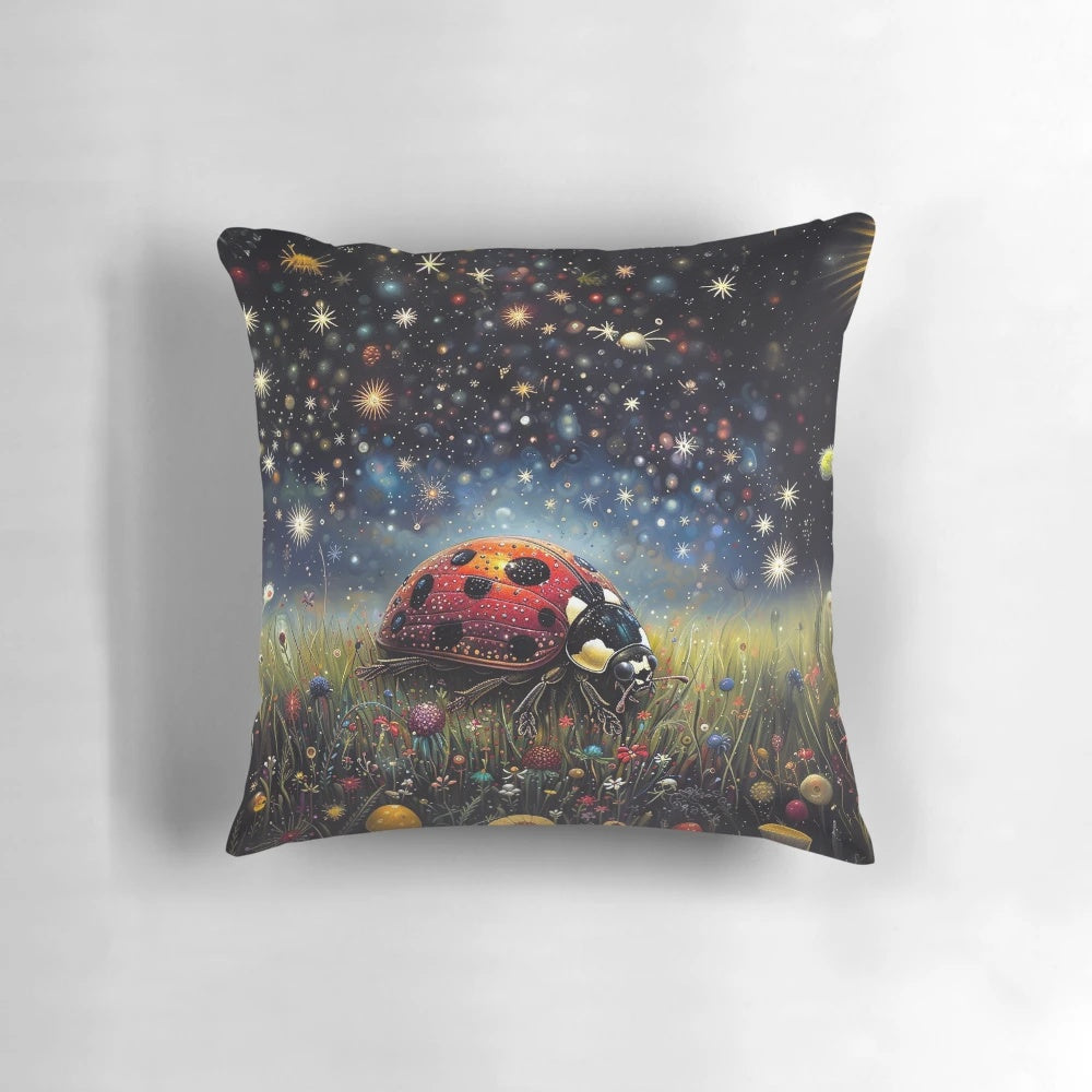 A mystical pillow featuring a ladybug surrounded by stars, mushrooms, and flowers on a lush green background.