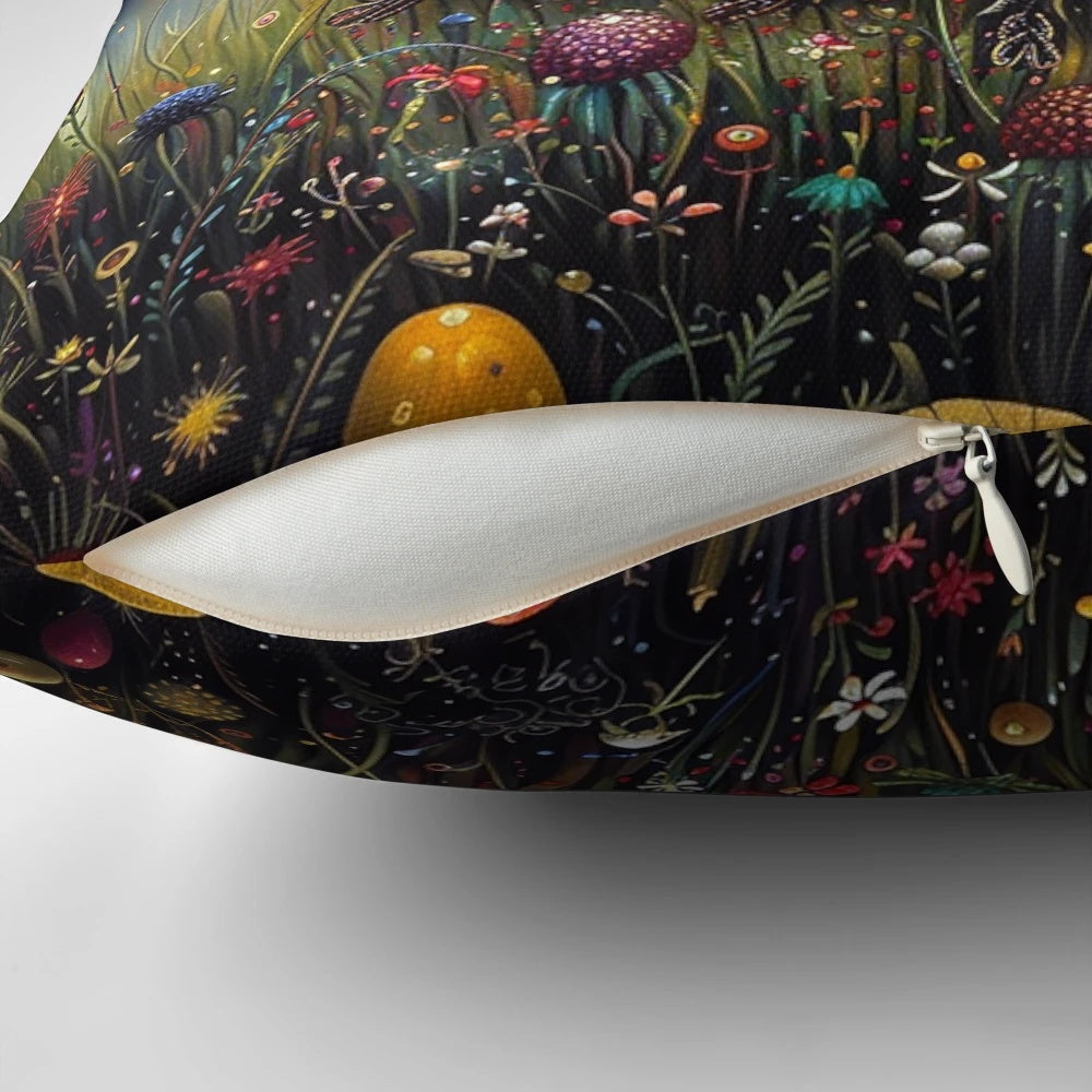 A mystical pillow featuring a ladybug surrounded by stars, mushrooms, and flowers on a lush green background.